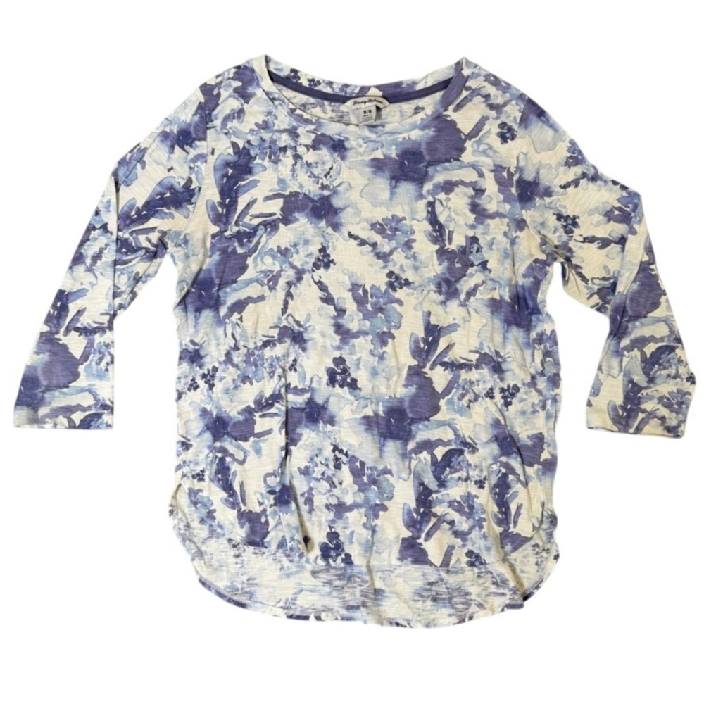 Tommy Bahama Blue White Floral 3/4 Sleeve Cotton Slub Top Medium